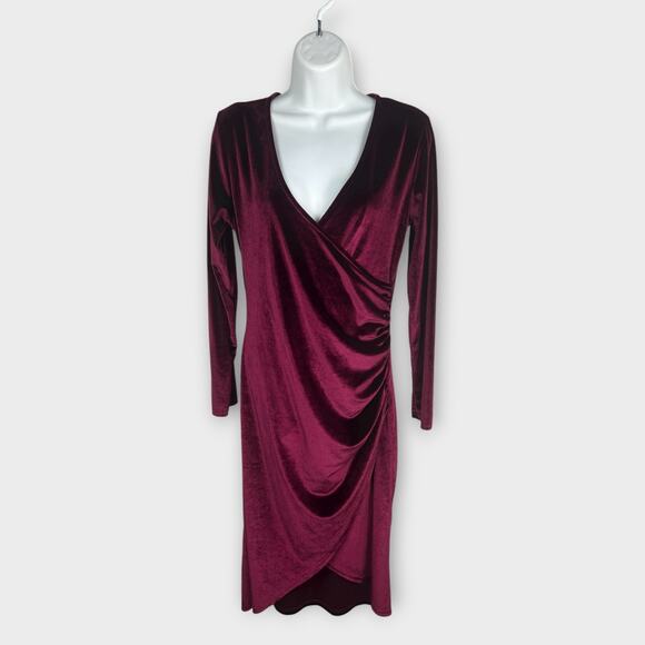 Red Velvet Ruched Holiday Cocktail Party Long Sleeve Knee Length Dress Small - Picture 1 of 6
